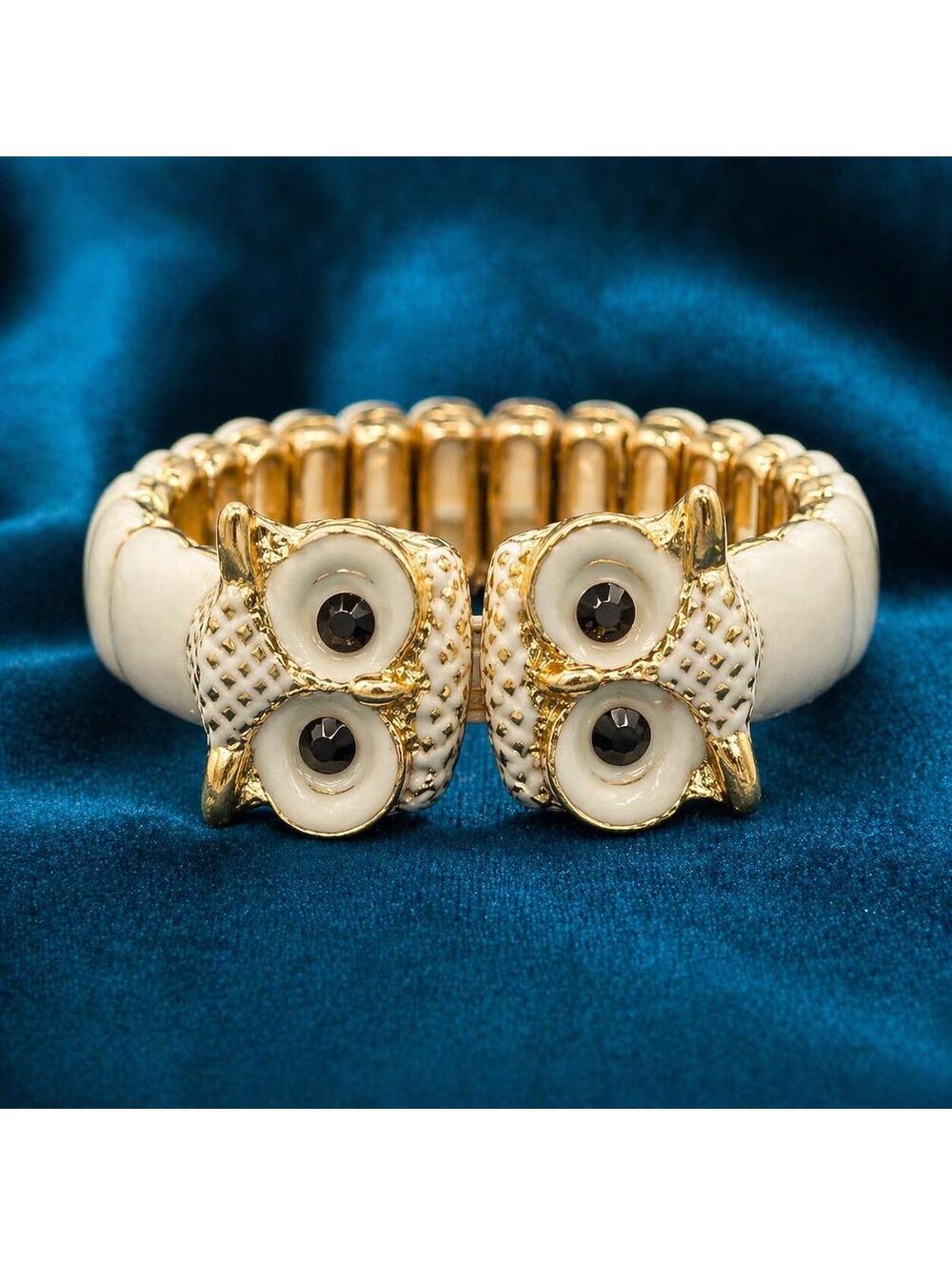 Vintage Double Owl Stretch Bracelet, Enamel Gold Tone, 1970s Statement Jewelry